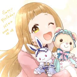 Rule 34 | ;d, ame hisame, arched bangs, blunt bangs, blush, brown hair, character name, dated, happy birthday, highres, hugging doll, hugging object, ichihara nina, idolmaster, idolmaster cinderella girls, long hair, looking at viewer, one eye closed, open mouth, smile, stuffed animal, stuffed rabbit, stuffed toy, teddy bear, upper body, very long hair, yellow eyes