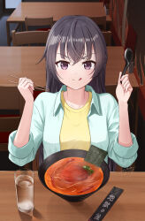 1girl aqua_jacket black_hair blush bowl chinese_spoon chopsticks food glass highres holding holding_chopsticks indoors jacket long_hair looking_at_viewer noodles purple_eyes ramen shirt sitting skyrail smile suou_yuki tokidoki_bosotto_roshia-go_de_dereru_tonari_no_alya-san tongue tongue_out upper_body yellow_shirt