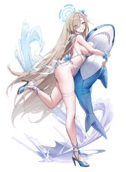 Rule 34 | 1girl, absurdly long hair, absurdres, alternate costume, ass, asuna (blue archive), bare shoulders, bikini, blue archive, blue bow, blue eyes, blue scrunchie, blush, bow, breasts, casual one-piece swimsuit, commentary request, full body, hair over one eye, hair ribbon, halo, high heels, highres, holding, holding stuffed toy, hugging object, large breasts, leg up, legs, light brown hair, long hair, looking at viewer, looking back, mole, mole on breast, murabana44, one-piece swimsuit, ribbon, scrunchie, simple background, smile, solo, standing, standing on one leg, stuffed animal, stuffed shark, stuffed toy, swimsuit, thigh strap, thighs, very long hair, white background, white one-piece swimsuit, wrist scrunchie