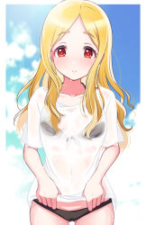Rule 34 | 1girl, absurdres, bikini, black bikini, blonde hair, blue sky, blurry, blurry background, blush, breasts, closed mouth, cloud, collarbone, covered navel, cowboy shot, day, dot nose, front-tie bikini top, front-tie top, highres, idolmaster, idolmaster cinderella girls, idolmaster cinderella girls starlight stage, long hair, looking at viewer, mariabowl, medium breasts, mochizuki hijiri, parted bangs, red eyes, see-through, shirt, shirt hold, short sleeves, sky, smile, solo, standing, swimsuit, wet, wet clothes, wet shirt, white shirt