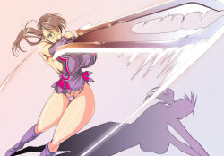 Rule 34 | 1girl, black hair, boots, breasts, brown eyes, brown hair, cattleya (queen&#039;s blade), cattleya (queen's blade), glasses, gloves, huge breasts, long hair, miura takehiro, miutake, open mouth, ponytail, purple eyes, queen&#039;s blade, shadow, simple background, solo, swinging, sword, thick thighs, thighs, weapon, weapon merchant cattleya