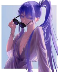 Rule 34 | 1girl, blue eyes, bracelet, breasts, cleavage, earrings, fate/grand order, fate (series), highres, jewelry, long hair, meltryllis, meltryllis (fate), meltryllis (swimsuit lancer) (fate), pendant, purple hair, purple nails, side ponytail, small breasts, smile, sunglasses, tsuji yashiki