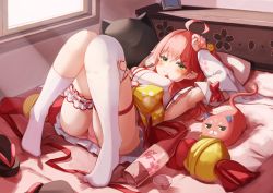Rule 34 | 1girl, absurdres, ahoge, arm up, armpits, bottle, bridal garter, cat, cherry blossom print, detached sleeves, floral print, green eyes, hair ornament, hairclip, highres, hololive, kintoki (sakura miko), long hair, lying, nyan (reinyan 007), on bed, picture frame, pillow, pink cat, pink hair, sakura miko, sakura miko (1st costume), single thighhigh, solo, thighhighs, virtual youtuber, white thighhighs, wine bottle, x hair ornament