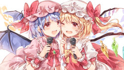 Rule 34 | 2girls, :d, ;d, absurdres, ayatsuki sugure, bat wings, blonde hair, blue hair, blush, bow, bowtie, braid, brooch, commentary request, crystal, dress, finger to cheek, flandre scarlet, french braid, frilled shirt collar, frills, hands up, hat, hat bow, highres, holding, holding microphone, jewelry, long hair, looking at viewer, microphone, mob cap, multiple girls, one eye closed, one side up, open mouth, pink dress, pink headwear, puffy short sleeves, puffy sleeves, red bow, red eyes, red neckwear, red skirt, red vest, remilia scarlet, short hair, short sleeves, siblings, sisters, skirt, smile, sparkle, touhou, upper body, vest, white headwear, wings, wrist cuffs, yellow bow, yellow neckwear