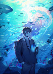 Rule 34 | 1boy, absurdres, air bubble, aquarium, ayn alwyn, backpack, bag, black choker, black hair, black pants, black shirt, black sweater, blue theme, bubble, butterflyfish, cellphone, choker, closed mouth, coral, cowboy shot, expressionless, fish, hair between eyes, hand in pocket, headphones, headphones around neck, highres, holding, holding phone, jellyfish, kazenemuri, light particles, long sleeves, looking at animal, looking to the side, lovebrush chronicles, male focus, manta ray, pants, phone, profile, red eyes, reflection, rock, shirt, short hair, smartphone, solo, standing, sweater, tropical fish, v-neck