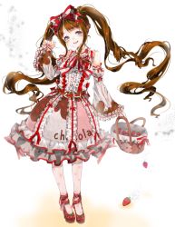 Rule 34 | 1girl, basket, belt, blunt bangs, bow, braid, brown hair, chocolate, detached sleeves, dress, food, food-themed clothes, food print, frilled dress, frilled sleeves, frills, fruit, gumi11, hair bow, holding, lolita fashion, long hair, looking at viewer, nail polish, original, pantyhose, pink pantyhose, polka dot, polka dot legwear, red nails, ribbon, shoes, sleeves past wrists, smile, solo, strawberry, strawberry print, striped ribbon, sweet lolita, twintails, very long hair, wide sleeves