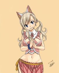 Rule 34 | 1girl, 2019, animal ears, blonde hair, blue eyes, blue flower, bracelet, breast cutout, breasts, cat ears, cowboy shot, dated, earrings, eden&#039;s zero, fake animal ears, flower, grin, hairband, head tilt, jewelry, large breasts, long hair, looking at viewer, mashima hiro, midriff, navel, neck ribbon, official art, orange background, pink ribbon, rebecca bluegarden, ribbon, shirt, signature, simple background, sleeveless, sleeveless shirt, smile, solo, standing, stomach, twintails, white hairband