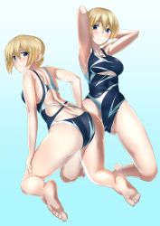 Rule 34 | 10s, 1girl, :/, abs, absurdres, armpits, arms behind head, ass, bad id, bad pixiv id, blonde hair, blue background, blue eyes, blush, breasts, butt crack, cleavage, clothing cutout, competition swimsuit, darjeeling (girls und panzer), girls und panzer, highres, kneeling, large breasts, multiple views, one-piece swimsuit, orange (sal1014), partially submerged, sideboob, swimsuit, thighs, underboob, underboob cutout, wet