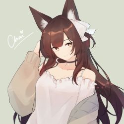Rule 34 | adjusting hair, animal ear fluff, animal ears, arm up, bare shoulders, black choker, blouse, brown cardigan, brown hair, cardigan, chai (vtuber), choker, clothes down, crescent, earrings, fox ears, fox girl, green background, hair ribbon, indie virtual youtuber, jewelry, juwei, long hair, looking to the side, off shoulder, open cardigan, open clothes, ribbon, shirt, shorts, simple background, single earring, sleeves past wrists, smile, solo, virtual youtuber, yellow eyes