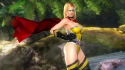 Rule 34 | 1girl, belt, blonde hair, blue eyes, bodysuit, boots, breasts, cape, choker, dead or alive, dead or alive 5, gloves, highres, large breasts, mask, official art, official wallpaper, star (symbol), tecmo, thighhighs, tina armstrong, wallpaper