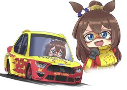 Rule 34 | 1girl, absurdres, animal ears, black gloves, blue eyes, breasts, brown hair, car, chibi, clenched hand, crossover, domino mask, driving, el condor pasa (umamusume), ford, ford mustang, ford mustang s550, gloves, highres, horse ears, horse girl, jacket, long hair, looking at viewer, looking to the side, mask, medium breasts, motor vehicle, nascar, pennzoil, race vehicle, racecar, racing suit, red jacket, sakusan (ss-awesome), scrunchie, shell (company), smile, umamusume, vehicle focus, white background