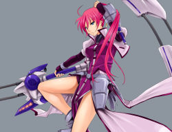 Rule 34 | 00s, 1girl, alternate weapon, aona (anagasaki), armor, bad id, bad pixiv id, laevatein (nanoha), long hair, lyrical nanoha, mahou shoujo lyrical nanoha, mahou shoujo lyrical nanoha a&#039;s, mahou shoujo lyrical nanoha strikers, pink hair, ponytail, signum, simple background, solo, weapon, whip sword