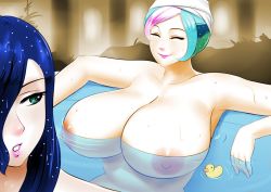 Rule 34 | 2girls, aqua eyes, bath, blue hair, breasts, celestia (my little pony), closed eyes, floating breasts, huge breasts, long hair, luna (my little pony), lvl (sentrythe2310), multiple girls, my little pony, my little pony: friendship is magic, nipples, nude, parted lips, rubber duck, short hair, smile, wet