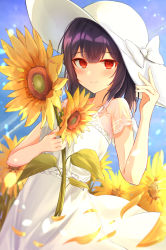 Rule 34 | 1girl, absurdres, black hair, blush, bow, closed mouth, commentary request, day, dress, flower, hand on headwear, hat, hat bow, highres, holding, holding flower, idolmaster, idolmaster shiny colors, long hair, looking at viewer, morino rinze, outdoors, petals, red eyes, short sleeves, sky cappuccino, smile, solo, sun hat, sundress, sunflower, white bow, white dress, white hat, yellow flower