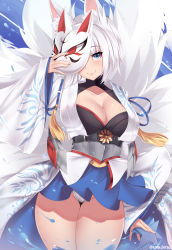 Rule 34 | 1girl, animal ear fluff, animal ears, azur lane, blue background, blue eyes, blue skirt, blush, breasts, cleavage, closed mouth, collarbone, cowboy shot, eyeliner, fox ears, fox mask, fox tail, groin, head tilt, highres, holding, holding mask, japanese clothes, kaga (azur lane), kanachirou, kimono, large breasts, looking at viewer, makeup, mask, multiple tails, panties, pleated skirt, short hair, skirt, sleeves past wrists, smile, solo, tail, thigh gap, twitter username, underwear, white hair, white kimono, white panties, wide sleeves