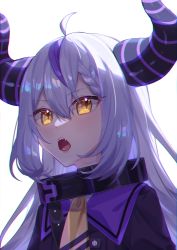 Rule 34 | 1girl, absurdres, ahoge, ascot, braid, collar, commentary, demon horns, hair between eyes, highres, hololive, holox, horns, jacket, la+ darknesss, long hair, looking at viewer, metal collar, multicolored hair, open mouth, purple hair, purple jacket, silver hair, simple background, solo, streaked hair, striped horns, symbol-only commentary, tongue, tongue out, tsukonin p, upper body, virtual youtuber, white background, yellow ascot, yellow eyes