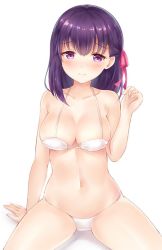 Rule 34 | 1girl, blush, bra, breasts, cleavage, commentary request, dot nose, fate/stay night, fate (series), hair ornament, hair ribbon, long hair, looking at viewer, matou sakura, medium breasts, navel, nikoo, panties, pink ribbon, purple eyes, purple hair, ribbon, simple background, sitting, smile, solo, underwear, underwear only, white background, white bra, white panties