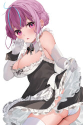 Rule 34 | 1girl, ahoge, alternate costume, ass, black dress, black wristband, blue hair, blush, breasts, cleavage, clothes lift, dress, dress lift, elbow gloves, gloves, hazure rakugaki, highres, hololive, large breasts, lifting own clothes, looking at viewer, maid, minato aqua, multicolored hair, open mouth, panties, pink hair, purple eyes, short hair, sidelocks, solo, thighhighs, two-tone hair, underwear, virtual youtuber, wedgie, white background, white gloves, white panties, white thighhighs