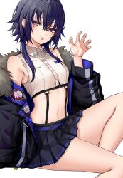 Rule 34 | 1girl, bare shoulders, black coat, black skirt, blue hair, blush, breasts, buttons, claw pose, coat, collared shirt, commentary request, crop top, ear piercing, earrings, fang, fur-trimmed coat, fur trim, half-closed eyes, hand up, highres, ichinose uruha, invisible chair, jewelry, kushinaka, long hair, long sleeves, looking at viewer, lupinus virtual games, midriff, miniskirt, multicolored hair, navel, off shoulder, open mouth, piercing, purple eyes, shirt, simple background, sitting, skirt, sleeveless, sleeveless shirt, small breasts, solo, streaked hair, stud earrings, suspender skirt, suspenders, virtual youtuber, vspo!, white background