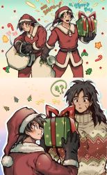 Rule 34 | 2boys, alternate costume, black eyes, black hair, blush, box, broly (dragon ball super), casual, christmas, contemporary, couple, dark skin, dark-skinned male, dragon ball, dragon ball super, dragon ball super broly, facial scar, gift, gift bag, gift box, gift wrapping, hano (hanos91), hat, highres, interracial, korean text, male focus, medium hair, motion lines, multiple boys, muscular, muscular male, pectorals, santa costume, santa hat, scar, scar on cheek, scar on face, sequential, short hair, son goku, spiked hair, sweater, translation request, yaoi