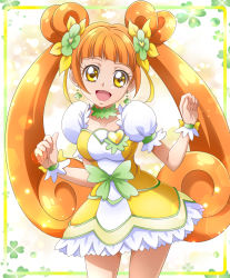 Rule 34 | 1girl, :d, breasts, brooch, brown hair, choker, clover earrings, clover hair ornament, collarbone, cowboy shot, cure rosetta, dokidoki! precure, dress, floating hair, green choker, hair ornament, hanzou, heart, heart brooch, highres, layered dress, long hair, looking at viewer, medium breasts, open mouth, precure, short dress, short sleeves, smile, solo, standing, twintails, two-tone dress, very long hair, white dress, yellow dress, yellow eyes
