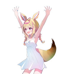 Rule 34 | 1girl, absurdres, alternate costume, alternate hairstyle, animal ear fluff, animal ears, arms up, bare shoulders, black hair, blonde hair, blue nails, blush, braid, breasts, cowboy shot, dress, epilogue in the attic (hololive), fox ears, fox girl, fox tail, heart, heart-shaped pupils, highres, hololive, ichijo rei, looking to the side, medium breasts, medium hair, multicolored hair, nail polish, official art, omaru polka, outstretched arms, pink hair, purple eyes, sidelocks, simple background, sleeveless, sleeveless dress, smile, solo, spaghetti strap, streaked hair, symbol-shaped pupils, tail, twin braids, twintails, virtual youtuber, white background, white dress