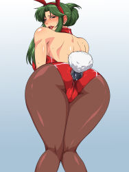 Rule 34 | 1990s (style), 1girl, anal, anal object insertion, anal tail, animal ears, ass, bdsm, blush, butt plug, cima garahau, fake animal ears, fake tail, greco roman (spiral brain), green hair, gundam, gundam 0083, highres, long hair, looking back, mature female, object insertion, open mouth, pantyhose, playboy bunny, rabbit ears, retro artstyle, sex toy, solo, sweat, tail