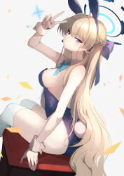 Rule 34 | 1girl, absurdres, animal ears, blue archive, blue eyes, blue leotard, breasts, commentary, fake animal ears, fake tail, halo, highres, leotard, long hair, looking at viewer, medium breasts, official alternate costume, ohako (ohako1818), playboy bunny, rabbit ears, rabbit tail, solo, tail, thighhighs, toki (blue archive), toki (bunny) (blue archive), v, very long hair, white thighhighs, white wrist cuffs, wrist cuffs