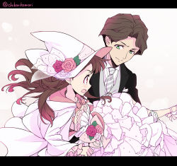 Rule 34 | 10s, 1boy, 1girl, andrew hanbridge, artist name, blazer, brown hair, carrying, chikariya, collared shirt, dress, earrings, flower, frilled dress, frilled sleeves, frills, green eyes, hat, jacket, jewelry, kagari atsuko, little witch academia, long hair, long sleeves, looking at another, necklace, necktie, open mouth, princess carry, red eyes, rose, shirt, smile, tuxedo, wedding dress, witch hat
