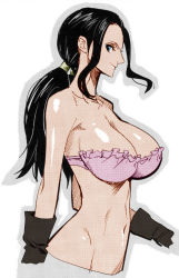 Rule 34 | 1girl, artist request, bare shoulders, black gloves, black hair, blue eyes, bra, breasts, cleavage, colorfag, colorized, derivative work, female focus, frills, gloves, huge breasts, long hair, looking at viewer, low twintails, navel, nico robin, one piece, one piece film: z, profile, purple bra, revealing clothes, shiny skin, simple background, smile, solo, third-party edit, twintails, underwear, upper body, white background