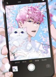 Rule 34 | 1boy, absurdres, animal, blue eyes, blue sky, blurry, blurry background, branch, camera phone, cat, cherry blossoms, collared shirt, day, ear piercing, falling petals, hair between eyes, highres, holding, holding animal, holding cat, holding phone, jewelry, looking at viewer, male focus, mole, mole under eye, muksal, open mouth, original, outdoors, petal on face, petals, phone, piercing, pink hair, pink petals, ring, shirt, short hair, sky, solo, spring (season), teeth, upper teeth only, white shirt