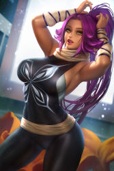 Rule 34 | 1girl, armpits, arms up, bleach, breasts, cowboy shot, dark skin, dark-skinned female, large breasts, long hair, neoartcore, open mouth, patreon username, ponytail, purple hair, scarf, shadow, shihouin yoruichi, solo, very long hair, watermark, yellow eyes