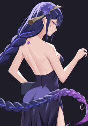 Rule 34 | 1girl, absurdres, ass, backless dress, backless outfit, bare arms, bare back, bare shoulders, black background, breasts, commentary, cowboy shot, danz, dress, genshin impact, highres, long braid, long hair, looking at viewer, medium breasts, profile, purple dress, purple eyes, purple hair, raiden shogun, side slit, simple background, solo, standing, strapless, strapless dress, very long hair
