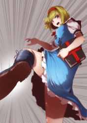 Rule 34 | 1girl, absurdres, alice margatroid, bare legs, blonde hair, blue dress, blue eyes, book, boots, breasts, commentary request, cross-laced footwear, dress, hairband, highres, holding, holding book, kicking, lace-up boots, large breasts, leg up, lolita hairband, looking at viewer, looking back, perspective, puffy short sleeves, puffy sleeves, shoes, short hair, short sleeves, solo, speed lines, starraisins, teeth, touhou, upper teeth only