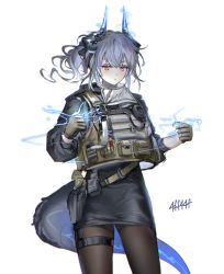 Rule 34 | 1girl, absurdres, arknights, artist name, black gloves, black jacket, black skirt, blunt bangs, brown eyes, brown pantyhose, bulletproof vest, clear (4ff44f), cowboy shot, dragon girl, dragon horns, dragon tail, electricity, gloves, highres, horns, jacket, liskarm (arknights), liskarm (overload) (arknights), long sleeves, looking at viewer, miniskirt, official alternate costume, pantyhose, parted lips, pencil skirt, ponytail, sidelocks, silver hair, simple background, skirt, tail, thigh strap, white background