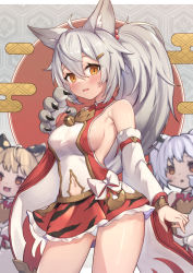 Rule 34 | 3girls, :d, ahoge, animal ear fluff, animal hands, armpits, bare shoulders, blonde hair, blurry, blurry background, blush, breasts, brown eyes, cindala (granblue fantasy), clothing cutout, commentary request, depth of field, egasumi, gloves, gluteal fold, granblue fantasy, grey gloves, grey hair, highres, huang (granblue fantasy), long hair, medium breasts, multiple girls, navel, navel cutout, open mouth, pai (granblue fantasy), paw gloves, pleated skirt, ponytail, red shirt, red skirt, sen (granblue fantasy), shirt, sideboob, single glove, skirt, sleeveless, sleeveless shirt, smile, uneg, very long hair, wavy mouth