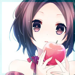 Rule 34 | 1girl, apple, black eyes, black hair, commentary request, eyebrows, fingernails, food, fruit, holding, holding food, holding fruit, kuroi (liar-player), looking at viewer, nail, neck ribbon, original, out of frame, parted lips, portrait, ribbon, short hair, solo