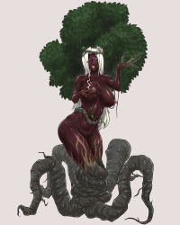 Rule 34 | 1girl, artist request, breasts, dark-skinned female, dark skin, dryad, female focus, grabbing, grabbing another&#039;s breast, highres, lips, long hair, looking at viewer, monster girl, plant roots, purple eyes, simple background, solo, thick lips, uncensored, white hair, wide hips