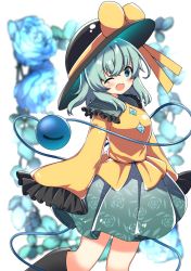 Rule 34 | 1girl, ;d, black footwear, black hat, blouse, blue flower, blue rose, blurry, blurry background, bow, floral print, flower, green eyes, green hair, green skirt, hat, hat bow, heart, heart of string, highres, koishi day, komeiji koishi, long sleeves, one eye closed, open mouth, rose, rose print, rpameri, shirt, short hair, simple background, skirt, smile, solo, standing, third eye, touhou, white background, wide sleeves, yellow bow, yellow shirt