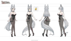 Rule 34 | 1girl, absurdres, animal ear fluff, animal ears, areola slip, artist name, bare shoulders, black footwear, black leotard, black pantyhose, breasts, cameltoe, character sheet, cleavage, closed mouth, clothing cutout, collarbone, commission, covered navel, dated, detached collar, eun soyeon (lustyfox), expressionless, female focus, fox ears, fox girl, fox tail, from behind, from side, full body, gijun, grey hair, groin, high heels, highleg, highleg leotard, highres, large breasts, legs, leotard, lock, long hair, looking at viewer, mole, mole on breast, mole under eye, multiple views, orange eyes, original, padlock, pantyhose, profile, shoes, sidelocks, simple background, slit pupils, standing, strapless, strapless leotard, tail, tail through clothes, thigh strap, watermark, white background