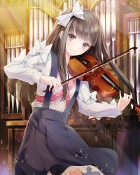 Rule 34 | 1girl, absurdres, black skirt, bow, brown eyes, brown hair, cowboy shot, floating hair, hair bow, highres, holding, holding instrument, holding violin, instrument, long hair, looking at viewer, music, organ (instrument), playing instrument, pleated skirt, school fanfare, shirt, skirt, smile, solo, standing, suspender skirt, suspenders, very long hair, violin, white bow, white shirt