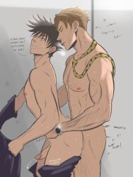 Rule 34 | 2boys, absurdres, age difference, anal, ass, black hair, blonde hair, body hair, cum, english text, fushiguro megumi, highres, jujutsu kaisen, kenkaru86, male focus, male penetrated, multiple boys, nanami kento, nipples, pectorals, penis, sex, sex from behind, short hair, standing, standing sex, sweat, toned, toned male, undressing, yaoi