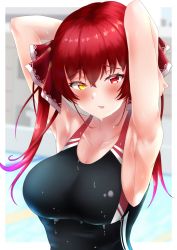 Rule 34 | 1girl, absurdres, armpits, arms behind head, arms up, bad id, bad twitter id, black one-piece swimsuit, blurry, blurry background, blush, border, breasts, cleavage, collarbone, commentary request, competition swimsuit, embarrassed, eyelashes, hair between eyes, heterochromia, highres, hololive, houshou marine, large breasts, long hair, one-piece swimsuit, open mouth, pool, poolside, red eyes, red hair, shiny skin, sidelocks, solo, swimsuit, twintails, upper body, virtual youtuber, wet, white border, yellow eyes, zyunsei777