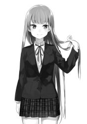 Rule 34 | 1girl, achiki, blazer, blush, closed mouth, cowboy shot, greyscale, hand in own hair, hand up, jacket, long hair, looking at viewer, monochrome, original, plaid, plaid skirt, pleated skirt, ribbon, school uniform, skirt, smile, solo, standing, very long hair
