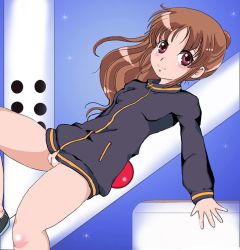 Rule 34 | 1girl, bare legs, female focus, gradient background, jacket, long sleeves, naked jacket, pussy, saki (manga), solo, takakamo shizuno, track jacket