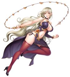 Rule 34 | 1girl, bare shoulders, black footwear, black thighhighs, blonde hair, bracelet, breasts, character request, choker, cleavage, clenched hand, commentary request, dress, fingernails, full body, halterneck, high heels, highres, holding, holding weapon, jewelry, jumping, katejina (taimanin asagi), large breasts, leg up, lilith-soft, lips, long hair, looking at viewer, mole, mole under eye, nail polish, navel, official art, parted lips, pointy ears, purple dress, ring, sano toshihide, shiny clothes, shiny skin, side slit, sleeveless, solo, stomach, taimanin (series), taimanin asagi kessen arena, taimanin rpgx, thighhighs, weapon, yellow eyes