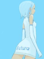Rule 34 | 1girl, bad drawr id, bad id, bare shoulders, blue background, blue eyes, blue hair, blue theme, breasts, character request, closed mouth, clothes writing, copyright request, cowboy shot, detached sleeves, dress, elbow gloves, gloves, hair ornament, hairclip, kokudou juunigou, oekaki, profile, short dress, short hair, simple background, sleeveless, sleeveless dress, small breasts, solo, thighs, white dress, white sleeves