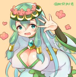 Rule 34 | 1girl, :d, aqua eyes, aqua hair, bad id, bad pixiv id, breasts, brooch, ceres (p&amp;d), cleavage cutout, clothing cutout, covered erect nipples, hair tubes, hand up, head wreath, jewelry, large breasts, leaning forward, long hair, mashiro miru, open mouth, puzzle &amp; dragons, ring, smile, solo, twitter username, wedding band