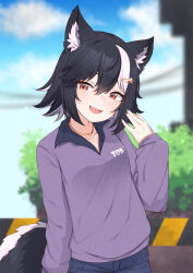 Rule 34 | 1girl, animal ear fluff, black hair, blue pants, blurry, blurry background, brown eyes, cloud, collarbone, commission, fang, hair between eyes, hair ornament, heart, heart necklace, highres, indie virtual youtuber, jewelry, medium hair, multicolored hair, necklace, open mouth, pants, purple sweater, skunk ears, skunk girl, skunk tail, sky, solo, star (symbol), star hair ornament, streaked hair, sweater, toboso kuroi, valefal coneri, virtual youtuber, white hair
