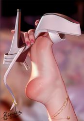 Rule 34 | 1girl, anklet, barefoot, blurry, blurry background, chinese commentary, close-up, commentary request, dated, feet, feet only, foot focus, high heels, holding, jewelry, long toes, nail polish, original, pink nails, platform footwear, platform heels, removing shoes, ririko (fhnngririko), sandals, shiny skin, signature, soles, solo, strappy heels, white footwear